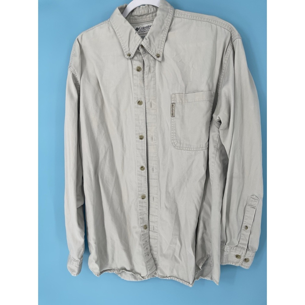 Vintage Columbia Shirt Mens XLarge Beige Long Sleeve Button-Down Cotton Casual